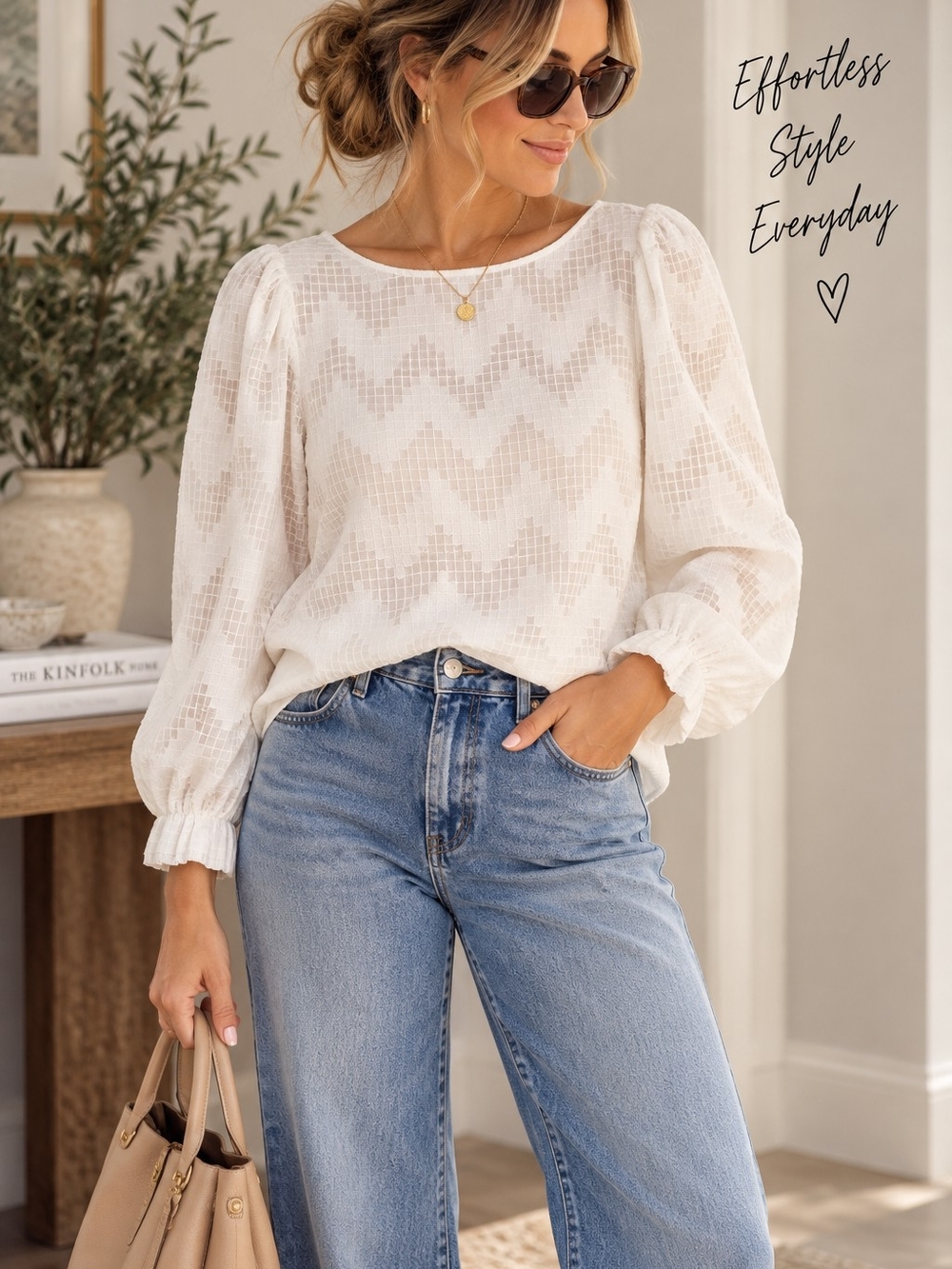 Banana Republic White Chevron Sheer Puff-Sleeve Blouse, Small